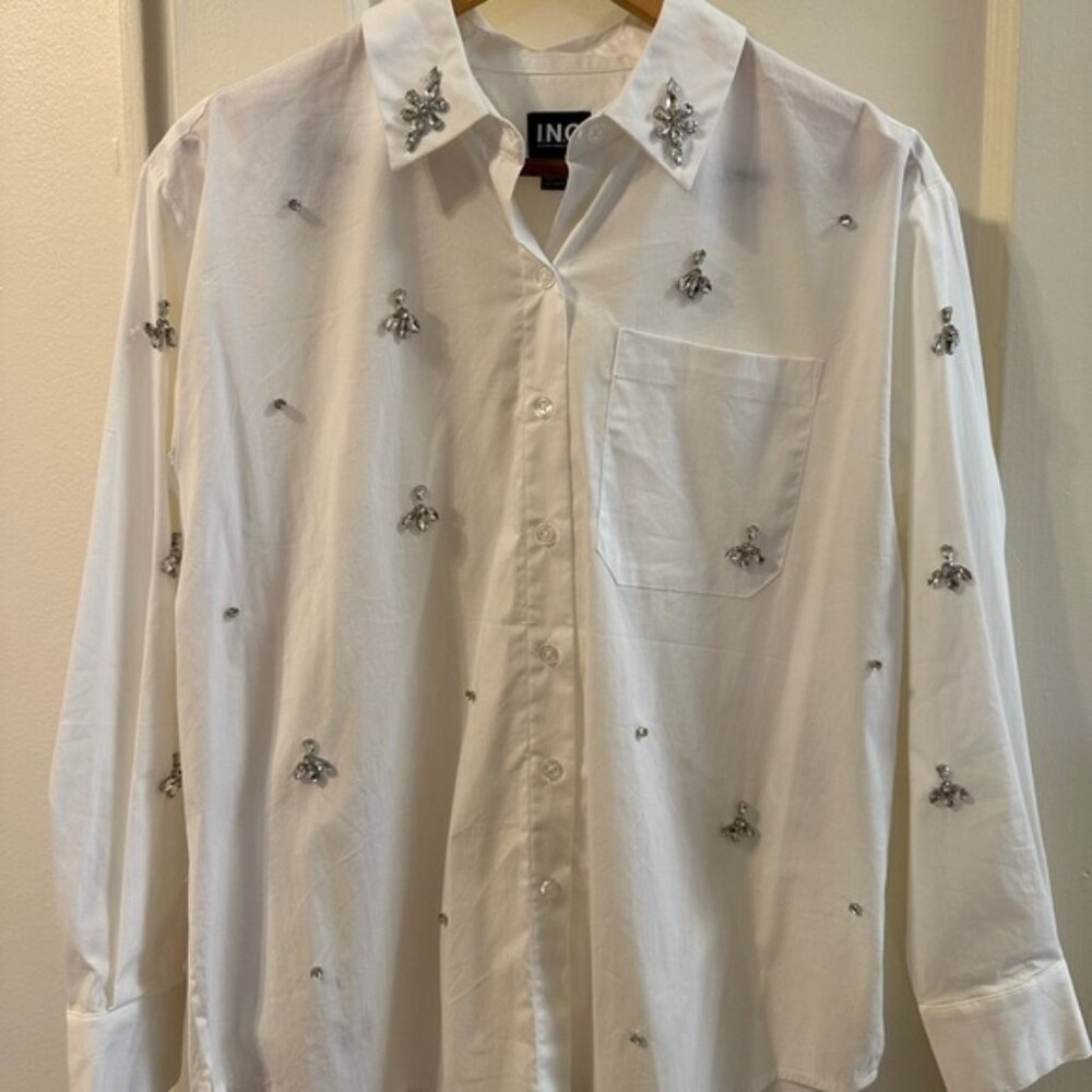 INC International Concepts White Embellished Button-Up Shirt